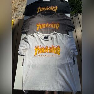 3 Thrasher T-Shirts in White, Gray, and black Flame Logo Tees